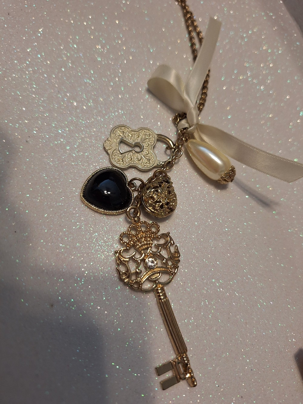 Aldo Gold Key Charm Pendant Necklace with Black Heart Pearl Accent